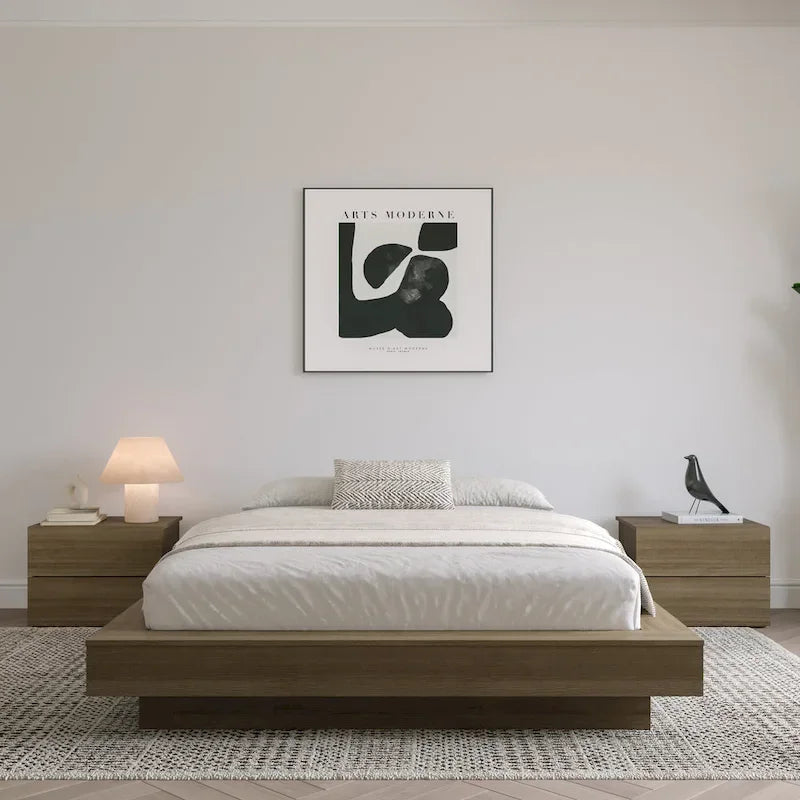 Base de cama baja de roble rubio natural / roble marrón — King, para 2 personas