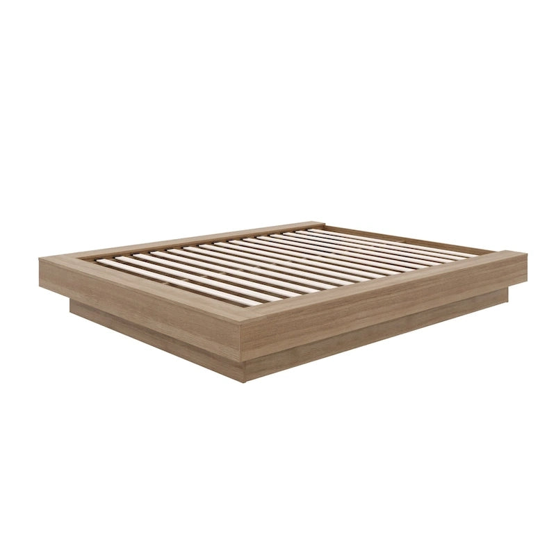 Base de cama baja de roble rubio natural / roble marrón — King, para 2 personas