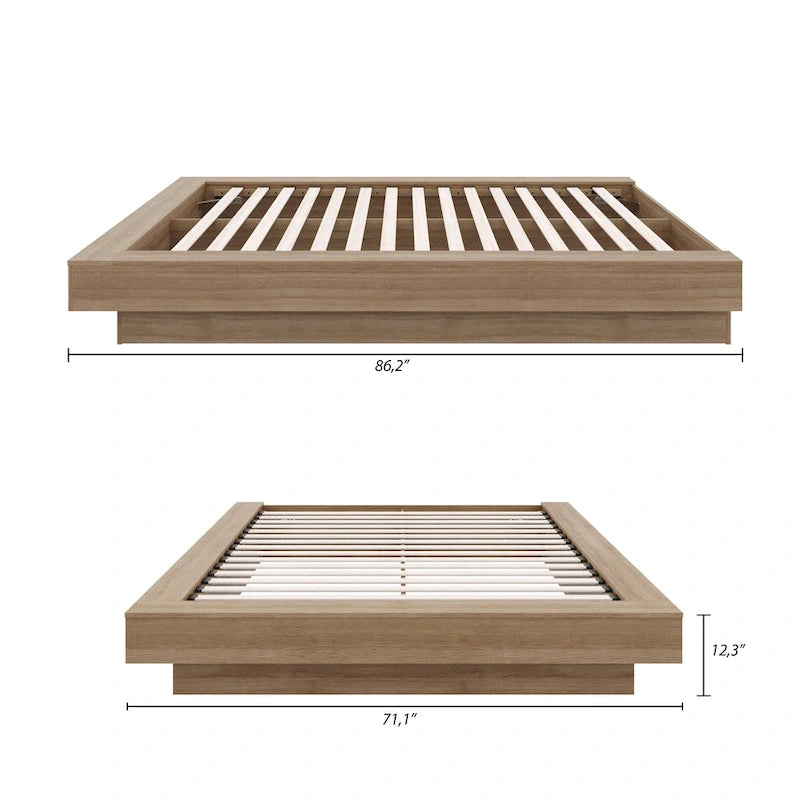 Base de cama baja de roble rubio natural / roble marrón — King, para 2 personas