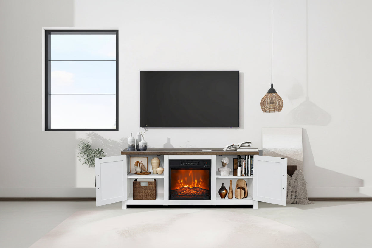 Mueble para TV con chimenea eléctrica rústico de 58" color café, 1 persona, para televisores de hasta 65"