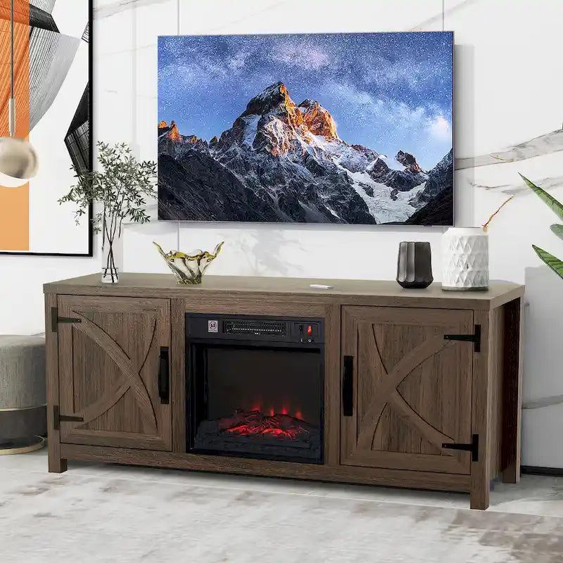 Mueble para TV con chimenea eléctrica rústico de 58" color café, 1 persona, para televisores de hasta 65"