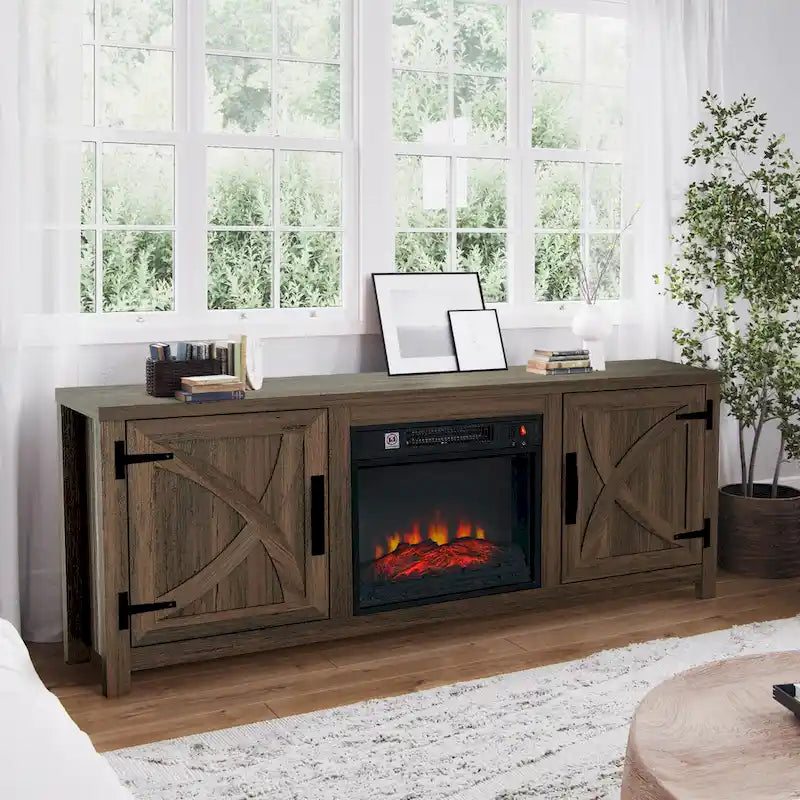 Mueble para TV con chimenea eléctrica rústico de 58" color café, 1 persona, para televisores de hasta 65"