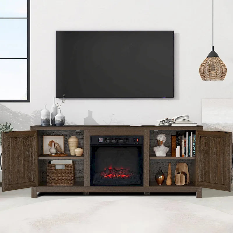 Mueble para TV con chimenea eléctrica rústico de 58" color café, 1 persona, para televisores de hasta 65"