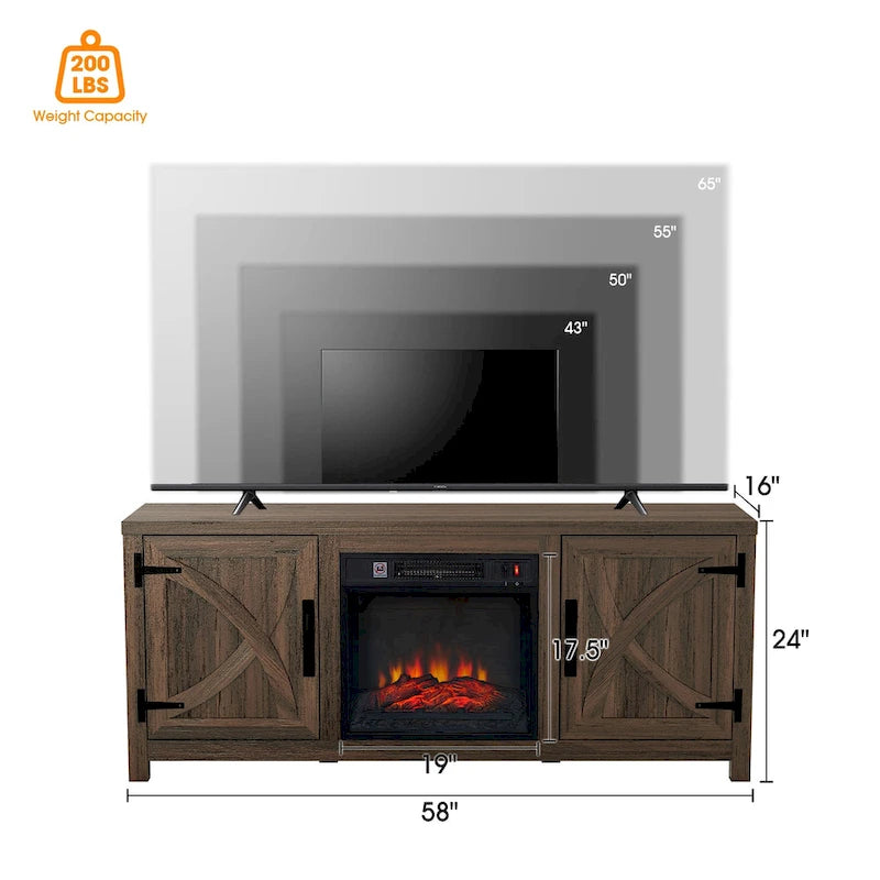 Mueble para TV con chimenea eléctrica rústico de 58" color café, 1 persona, para televisores de hasta 65"