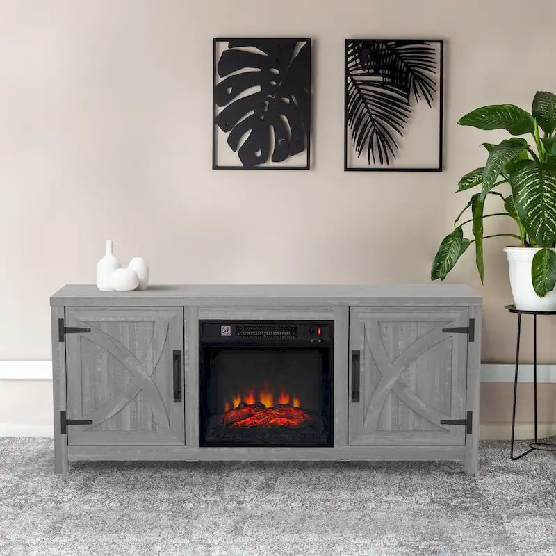 Mueble para TV con chimenea eléctrica rústico de 58" color café, 1 persona, para televisores de hasta 65"