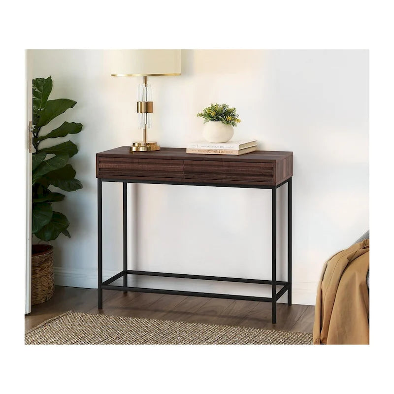 Mesa Consola de 2 Cajones Roble / Nogal, Mid-Century Modern, Requiere Montaje (1 Persona)