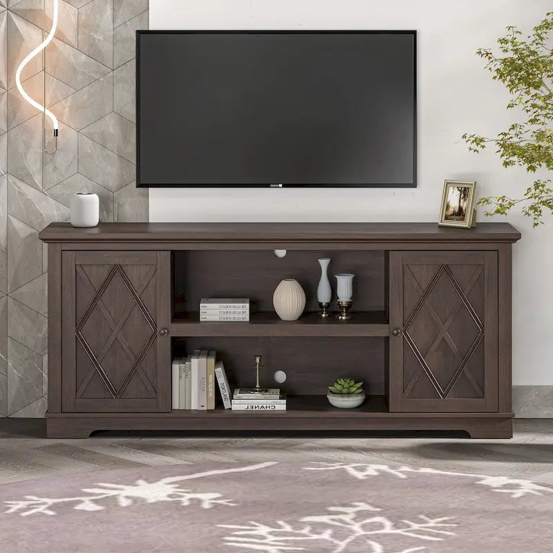 Mueble/Consola para TV estilo rústico en marrón/blanco roto – 2 puertas, apto para televisores de hasta 75 pulgadas