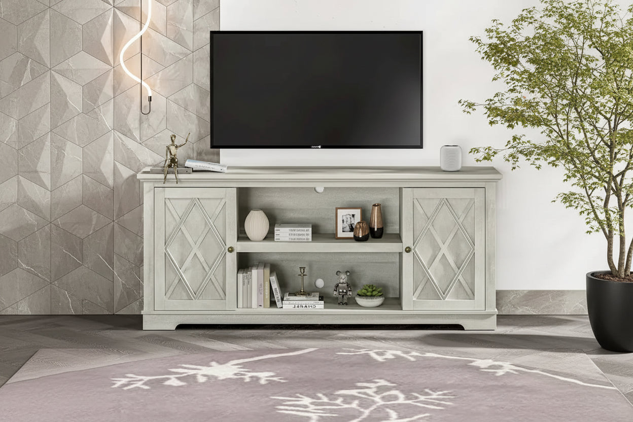 Mueble/Consola para TV estilo rústico en marrón/blanco roto – 2 puertas, apto para televisores de hasta 75 pulgadas