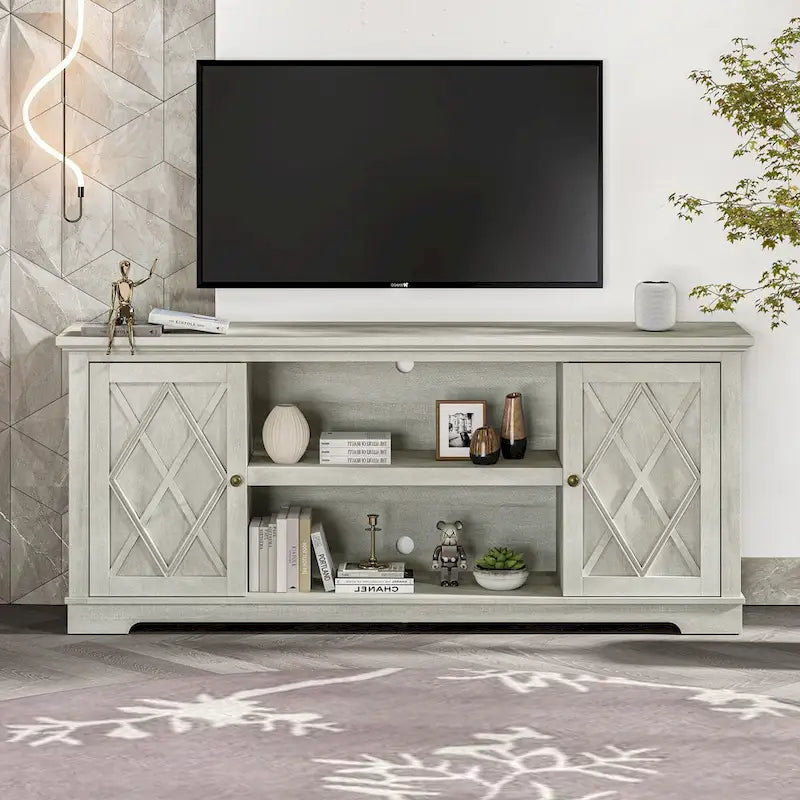 Mueble/Consola para TV estilo rústico en marrón/blanco roto – 2 puertas, apto para televisores de hasta 75 pulgadas