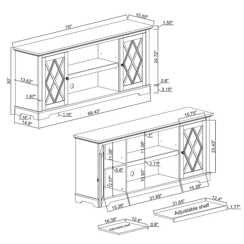 Mueble/Consola para TV estilo rústico en marrón/blanco roto – 2 puertas, apto para televisores de hasta 75 pulgadas