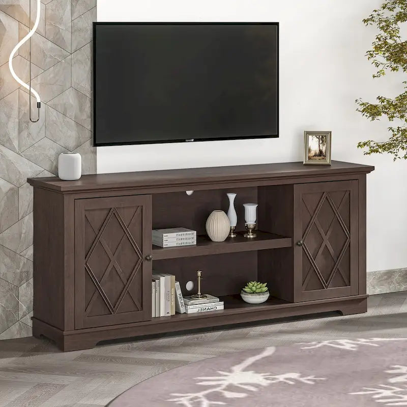Mueble/Consola para TV estilo rústico en marrón/blanco roto – 2 puertas, apto para televisores de hasta 75 pulgadas