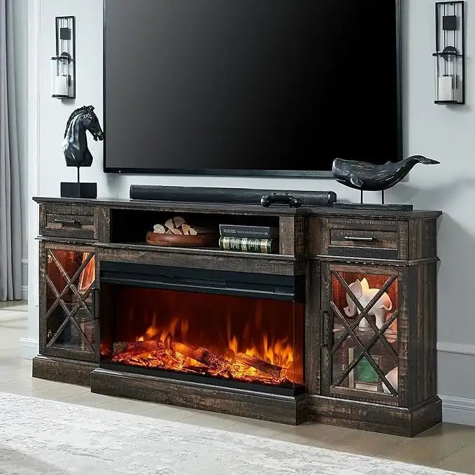 Mueble de TV rústico con chimenea eléctrica de 70", cristal de 3 lados, 4 colores, para televisores de hasta 80"