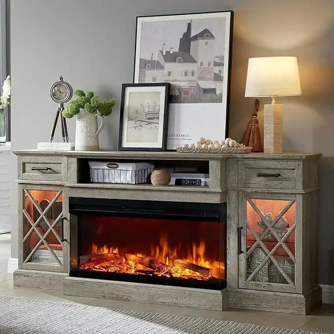 Mueble de TV rústico con chimenea eléctrica de 70", cristal de 3 lados, 4 colores, para televisores de hasta 80"