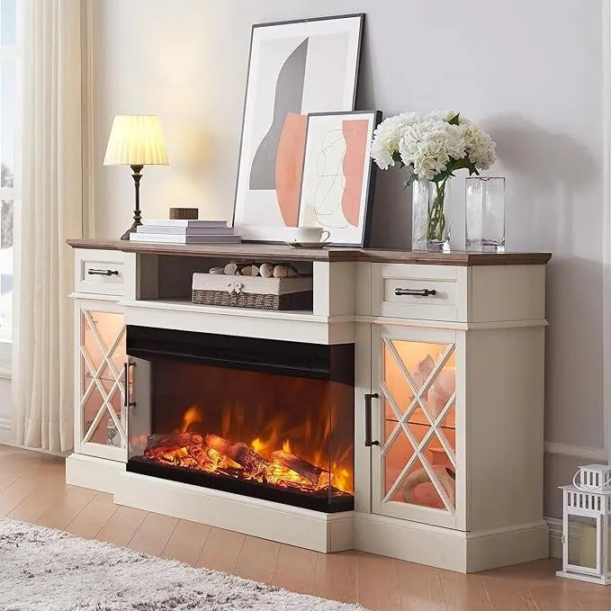 Mueble de TV rústico con chimenea eléctrica de 70", cristal de 3 lados, 4 colores, para televisores de hasta 80"