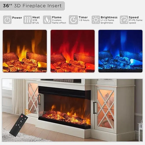 Mueble de TV rústico con chimenea eléctrica de 70", cristal de 3 lados, 4 colores, para televisores de hasta 80"