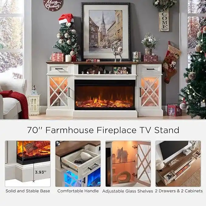 Mueble de TV rústico con chimenea eléctrica de 70", cristal de 3 lados, 4 colores, para televisores de hasta 80"