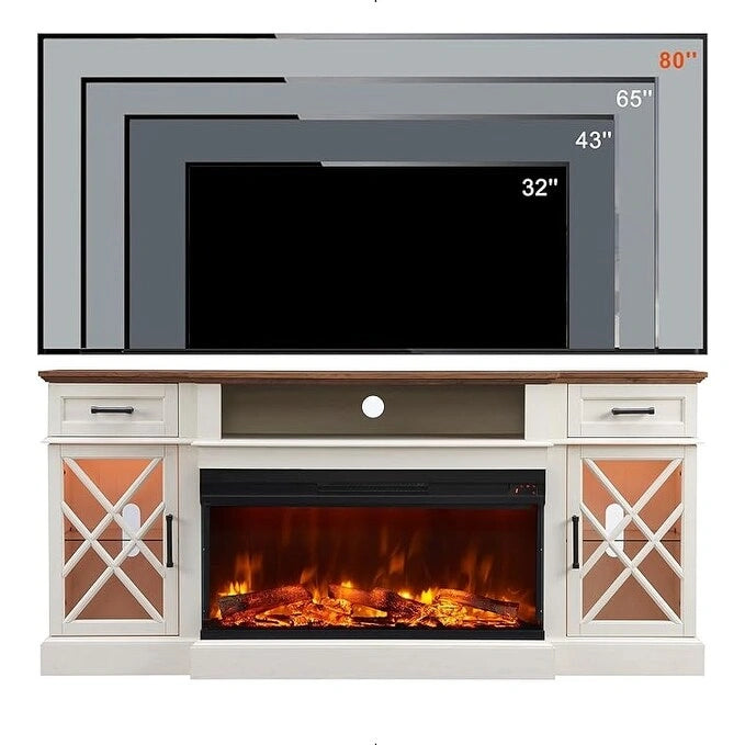 Mueble de TV rústico con chimenea eléctrica de 70", cristal de 3 lados, 4 colores, para televisores de hasta 80"