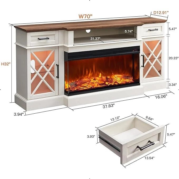 Mueble de TV rústico con chimenea eléctrica de 70", cristal de 3 lados, 4 colores, para televisores de hasta 80"
