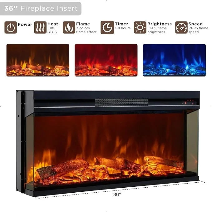 Mueble de TV rústico con chimenea eléctrica de 70", cristal de 3 lados, 4 colores, para televisores de hasta 80"