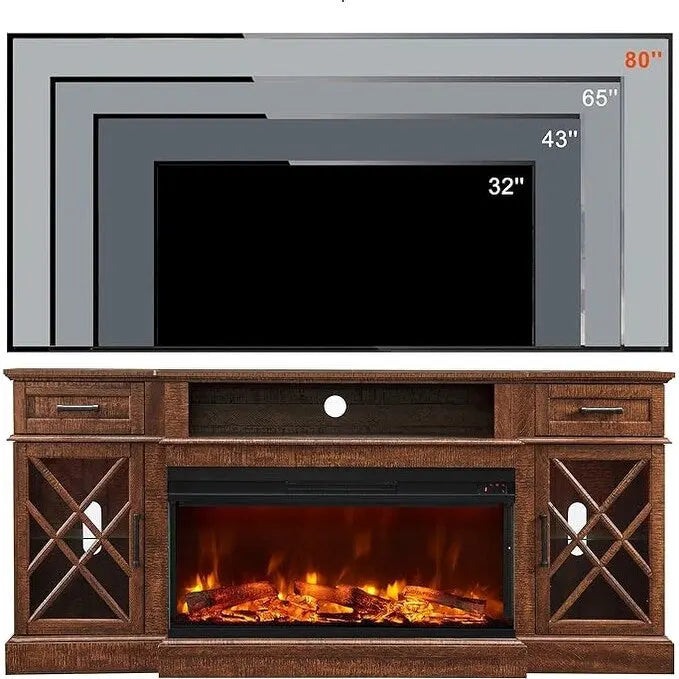 Mueble de TV rústico con chimenea eléctrica de 70", cristal de 3 lados, 4 colores, para televisores de hasta 80"