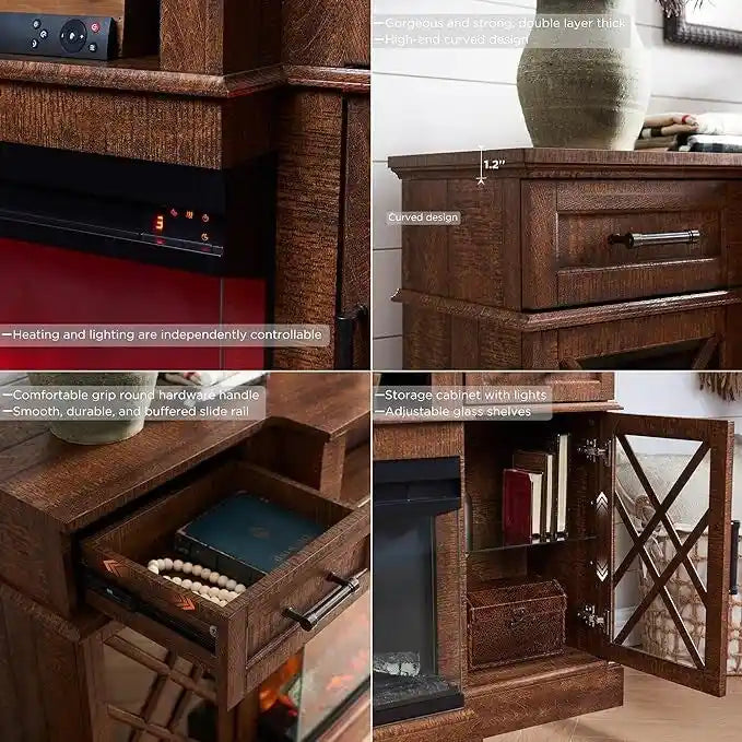 Mueble de TV rústico con chimenea eléctrica de 70", cristal de 3 lados, 4 colores, para televisores de hasta 80"