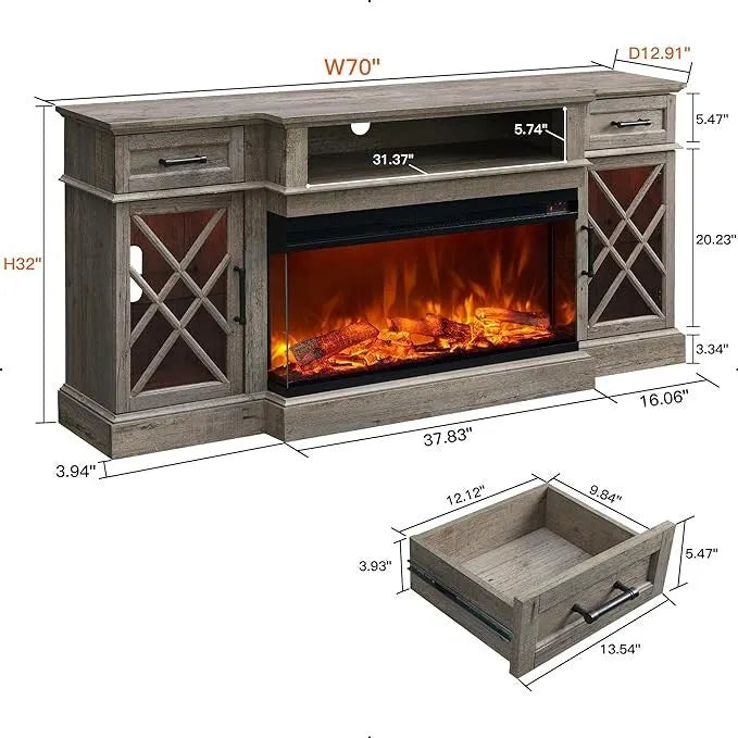 Mueble de TV rústico con chimenea eléctrica de 70", cristal de 3 lados, 4 colores, para televisores de hasta 80"
