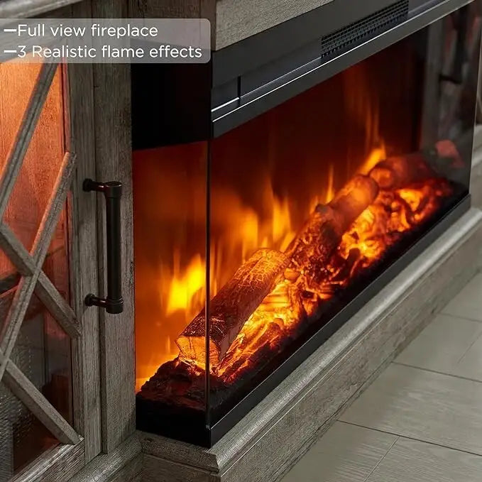 Mueble de TV rústico con chimenea eléctrica de 70", cristal de 3 lados, 4 colores, para televisores de hasta 80"
