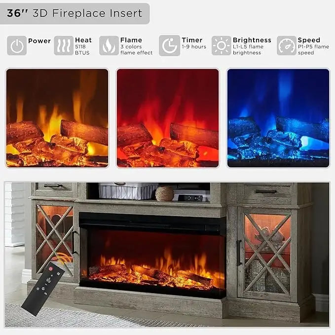 Mueble de TV rústico con chimenea eléctrica de 70", cristal de 3 lados, 4 colores, para televisores de hasta 80"