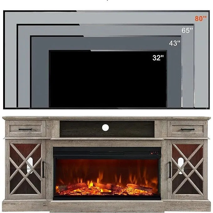 Mueble de TV rústico con chimenea eléctrica de 70", cristal de 3 lados, 4 colores, para televisores de hasta 80"