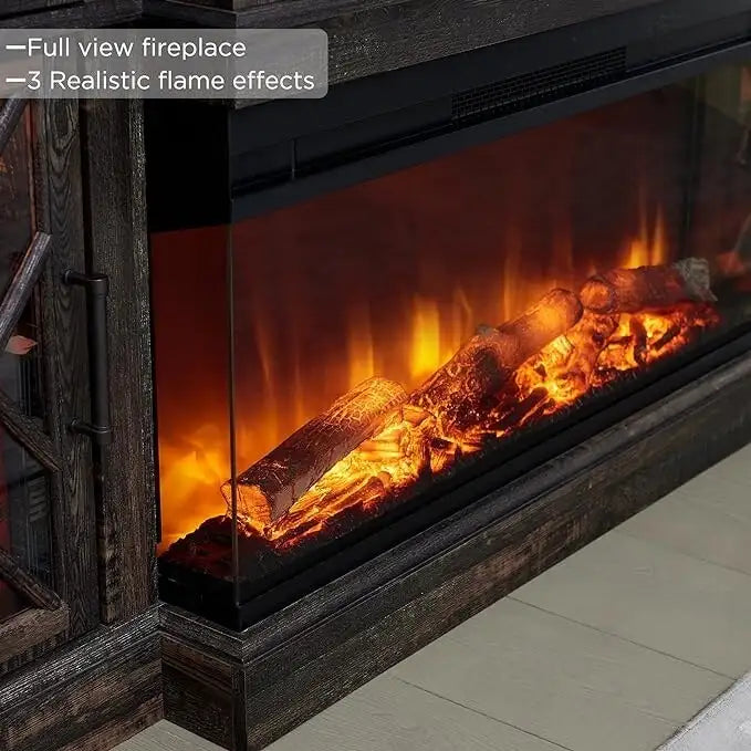 Mueble de TV rústico con chimenea eléctrica de 70", cristal de 3 lados, 4 colores, para televisores de hasta 80"