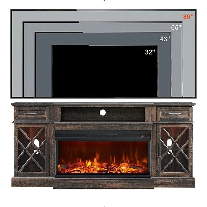 Mueble de TV rústico con chimenea eléctrica de 70", cristal de 3 lados, 4 colores, para televisores de hasta 80"