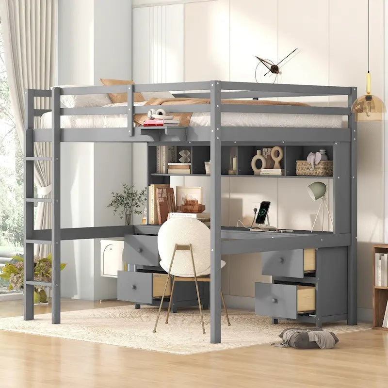 Cama alta individual de tamaño completo gris/blanco con escritorio y almacenamiento