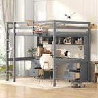 Cama alta individual de tamaño completo gris/blanco con escritorio y almacenamiento