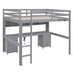 Cama alta individual de tamaño completo gris/blanco con escritorio y almacenamiento