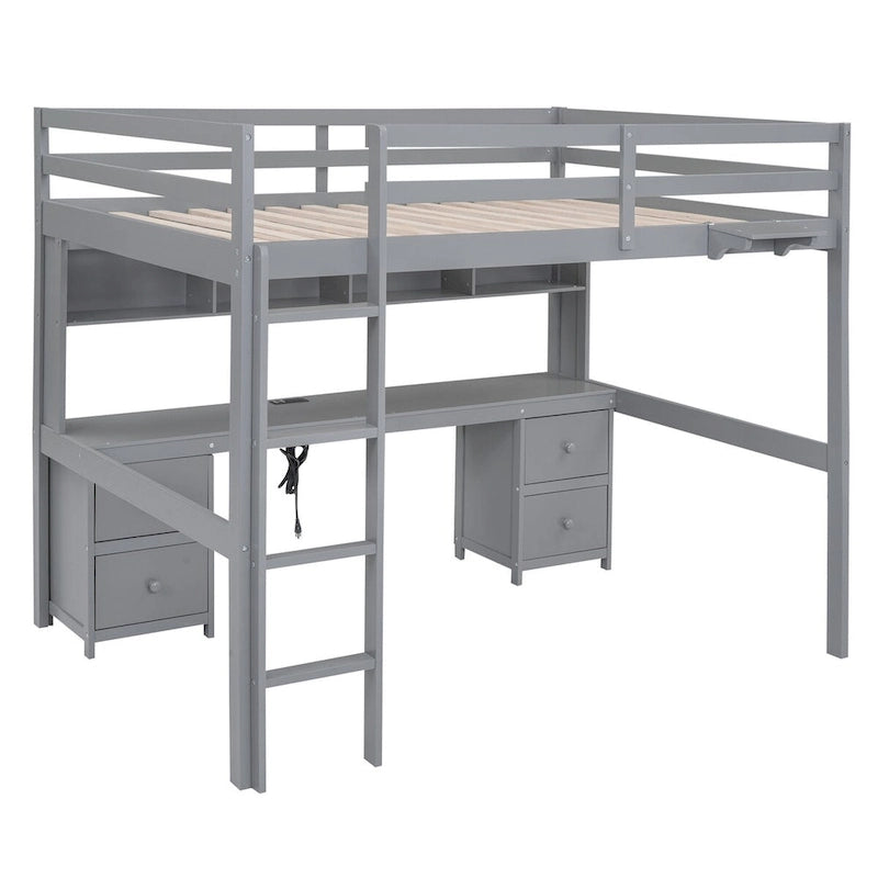 Cama alta individual de tamaño completo gris/blanco con escritorio y almacenamiento