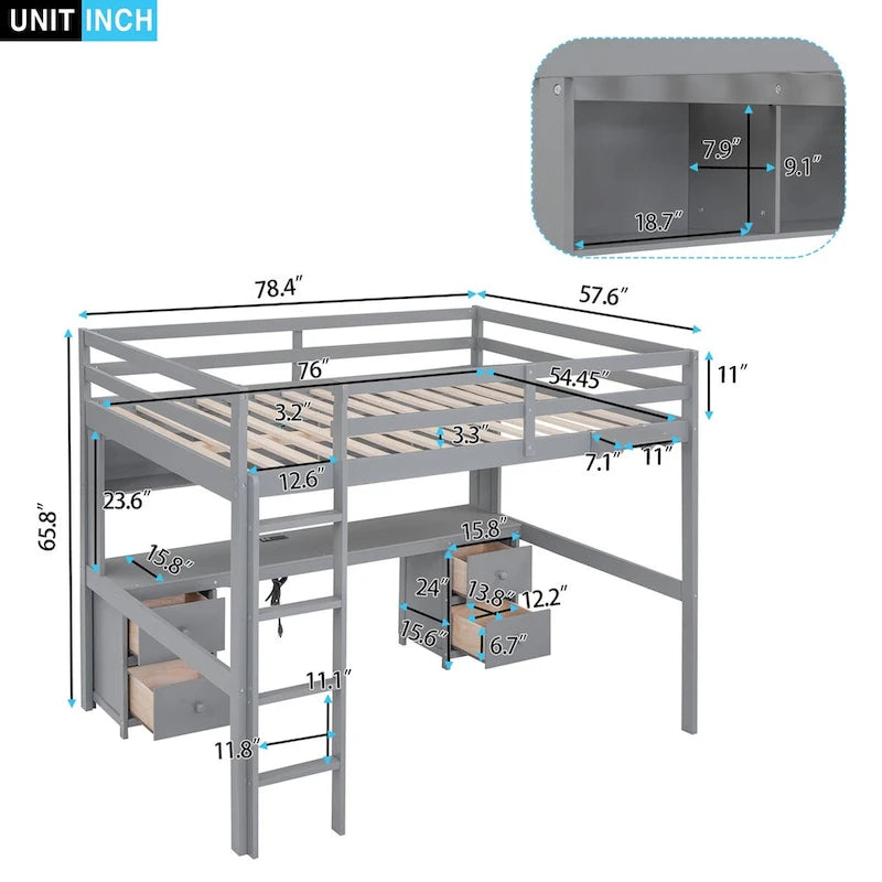 Cama alta individual de tamaño completo gris/blanco con escritorio y almacenamiento
