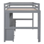 Cama alta individual de tamaño completo gris/blanco con escritorio y almacenamiento