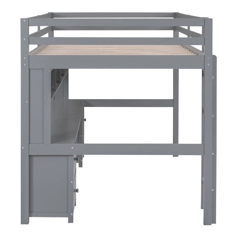 Cama alta individual de tamaño completo gris/blanco con escritorio y almacenamiento
