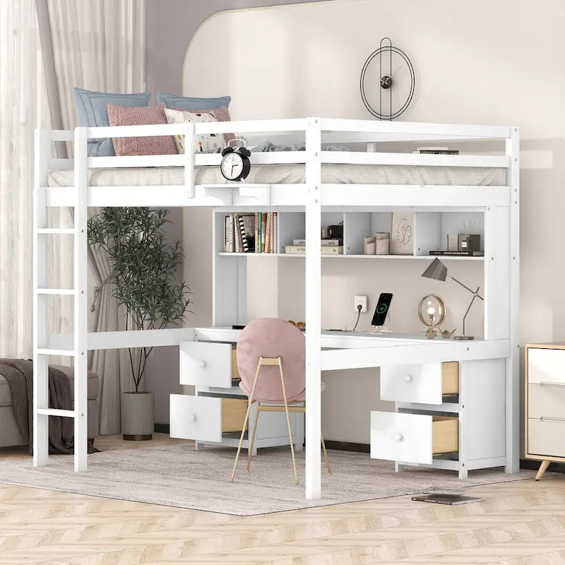 Cama alta individual de tamaño completo gris/blanco con escritorio y almacenamiento
