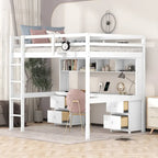 Cama alta individual de tamaño completo gris/blanco con escritorio y almacenamiento