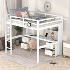 Cama alta individual de tamaño completo gris/blanco con escritorio y almacenamiento