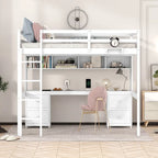 Cama alta individual de tamaño completo gris/blanco con escritorio y almacenamiento