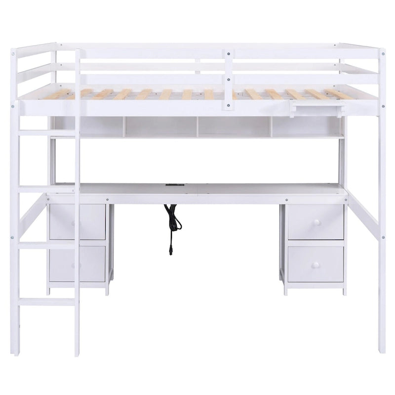 Cama alta individual de tamaño completo gris/blanco con escritorio y almacenamiento