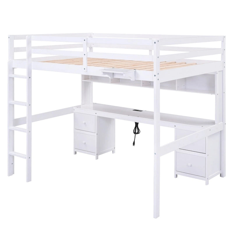 Cama alta individual de tamaño completo gris/blanco con escritorio y almacenamiento