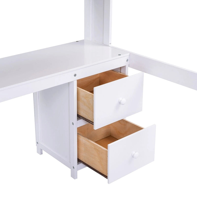 Cama alta individual de tamaño completo gris/blanco con escritorio y almacenamiento