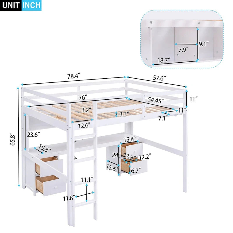 Cama alta individual de tamaño completo gris/blanco con escritorio y almacenamiento
