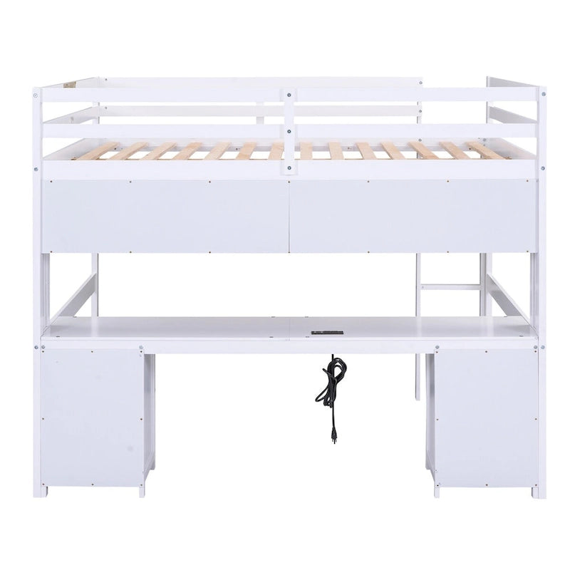 Cama alta individual de tamaño completo gris/blanco con escritorio y almacenamiento