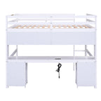 Cama alta individual de tamaño completo gris/blanco con escritorio y almacenamiento