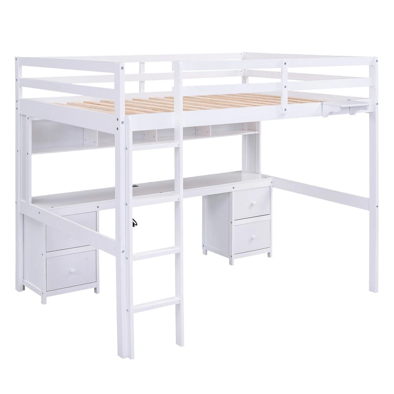 Cama alta individual de tamaño completo gris/blanco con escritorio y almacenamiento