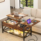 Mesa de centro elevable con luces LED y puertos USB – Marrón rústico / Roble gris / Negro / Nogal, para 2 personas